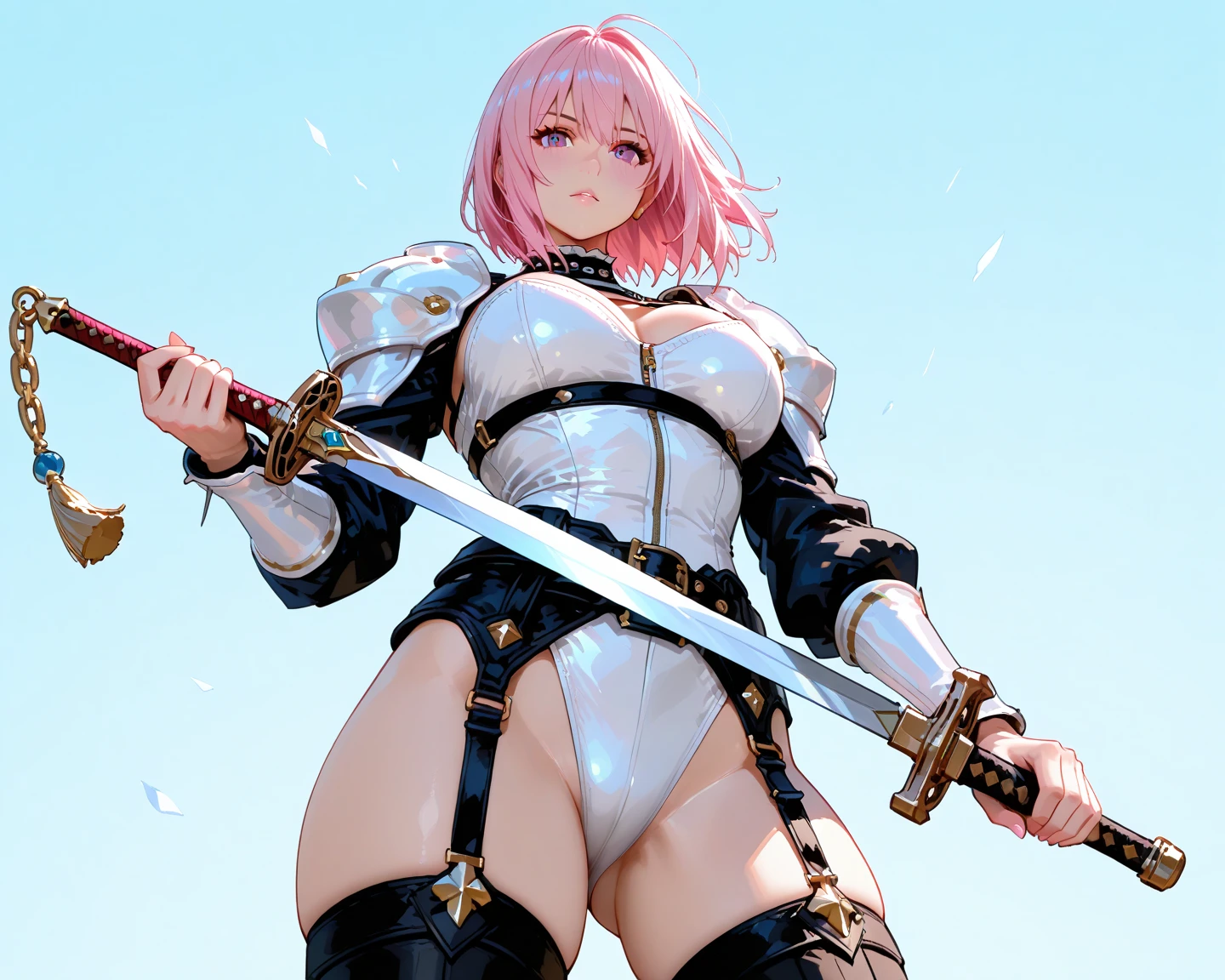 8k, masterpiece, best quality, realistic, higly detailed, cowboy shot, 1girl, solo, Ichika Nakano, young girl, very short hair with a single long strand on the right side, white-pink hair, a single earring, dark blue eyes, average height, well-endowed figure, large breasts, cute, Full Armored