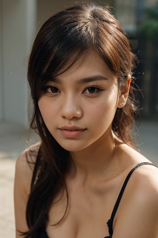 freya from JKT48, idol, indonesian girl, , black bikini, cute face, on the beach, close up, looking at camera, cinematic, sharp lense, professional photographie, 70mm lense, soft light, , 4k