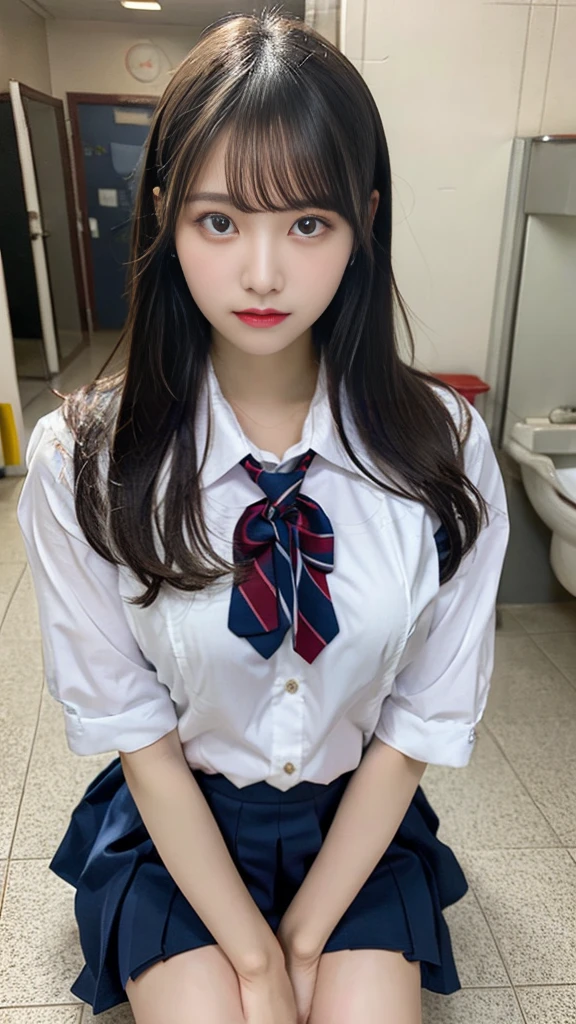 (best qualtiy,4K,tmasterpiece:1.2),Pretty women,1girll,Raised sexy:1.1,dark-blue hair:1.1,Woman in school uniform,Soaked school clothes,Super detailed face,Detailed lips,A detailed eye,二重まぶた,Blue mini skirt white stockings,Stand up
