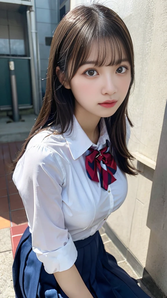 (8k, RAW Photos, highest quality, masterpiece:1.2), (Realistic, photo-Realistic:1.4), (Highly detailed 8k wallpaper), Sharp focus, Depth of written boundary, Boscinematic Lighting, Soft Light,Beautiful eyes in every detail,shiny smooth light brown Long Bob Hair, Asymmetrical bangs, Shiny skin, Highly detailed skin,High resolution, Attention to detail, Detailed hairstyle, Attention to detailFacial beauty, hyper Realistic, Perfect limbs, Perfect Anatomy ,1 Japanese girl,Famous Japanese Idols, Perfect female body, Big Breasts,smile,short eyelashes,double eyelid,Long Bob Hair, (school uniform : 1.3), View Viewer, (Crowded street:1.3),Cowboy Shot