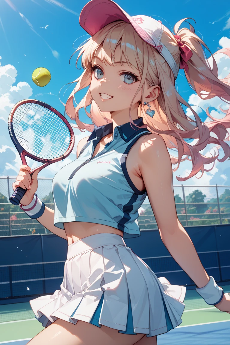 lighting like a movie、top-quality、Wearing sweat、Blonde ponytail、Girl playing tennis on tennis court、Holding a racket in his right hand and hitting the tennis ball back、white panties、
