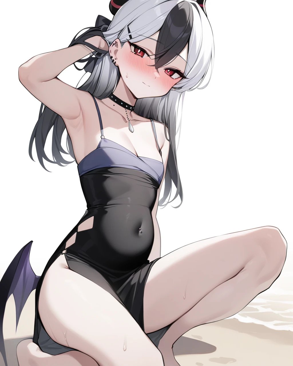 (bunny ears:1.2), (1girl), (black skin:1.5), long hair, (loli:1.4), (looking at viewer:1.2), blush, black fur, wavy hair, collarbone, wide hips, (nude:1.2), beach, (smirk:1.2), best quality, masterpiece, absurdres, (shiny skin), ultra-detailed, fine detail, BREAK (white hair:1.1), sitting, (spread legs:1.2), navel,