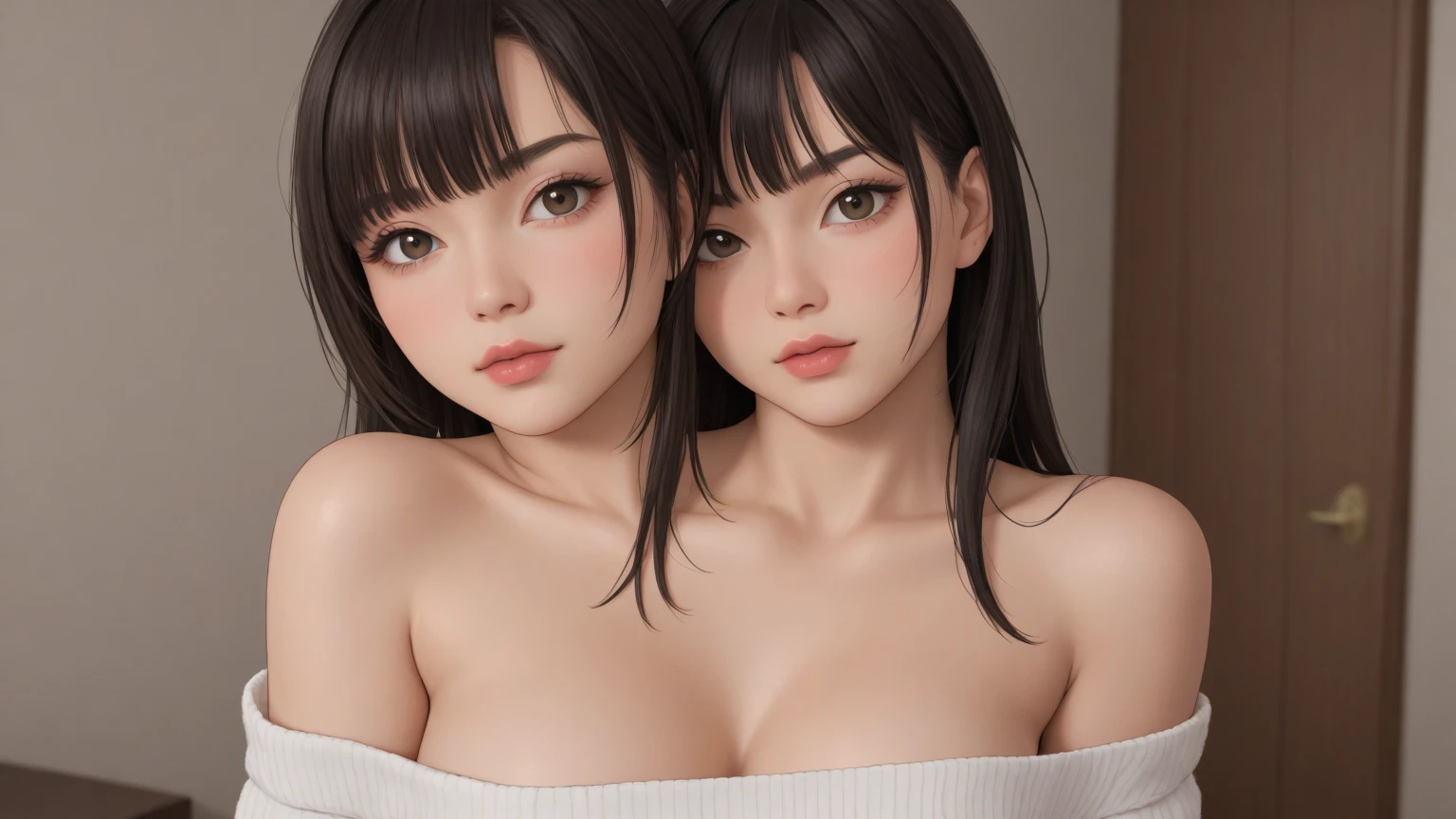 Two Girls、Beautiful breasts、Two people side by side、Symmetrical Configuration,white Tone,white,Sexy Girls ,,,Black Hair、your、
