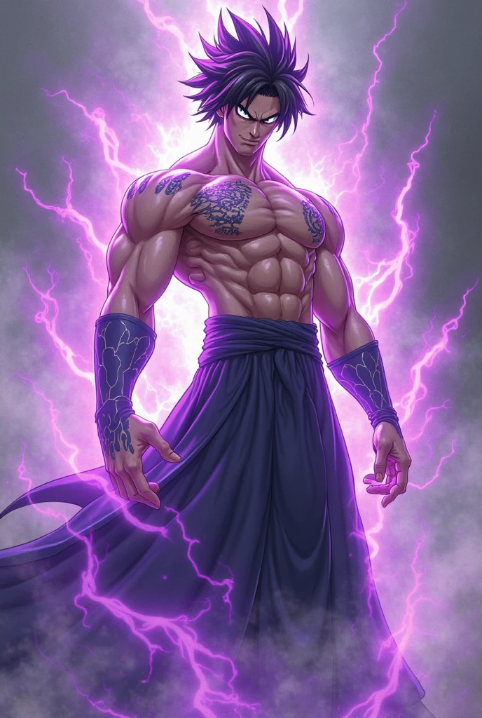 A tall, muscular man is standing in front of a purple portal. He's shirtless, and his body is covered with very obvious scars and he has no weapon this one with his hands free. He wears a theatrical smile mask, and his pants and shoes are baggy. The man is standing in silence, seus olhos fixos no portal. The portal is glowing with a purple light, e um som de assobio pode ser ouvido vindo de dentro.