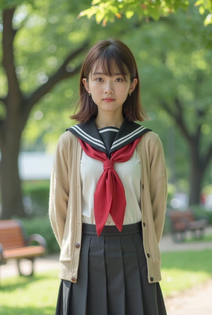 1girl solo,masterpiece,high quality,high detailed,bus guide with childlike face, Uniform with ribbon,red bowler hat,short black hair