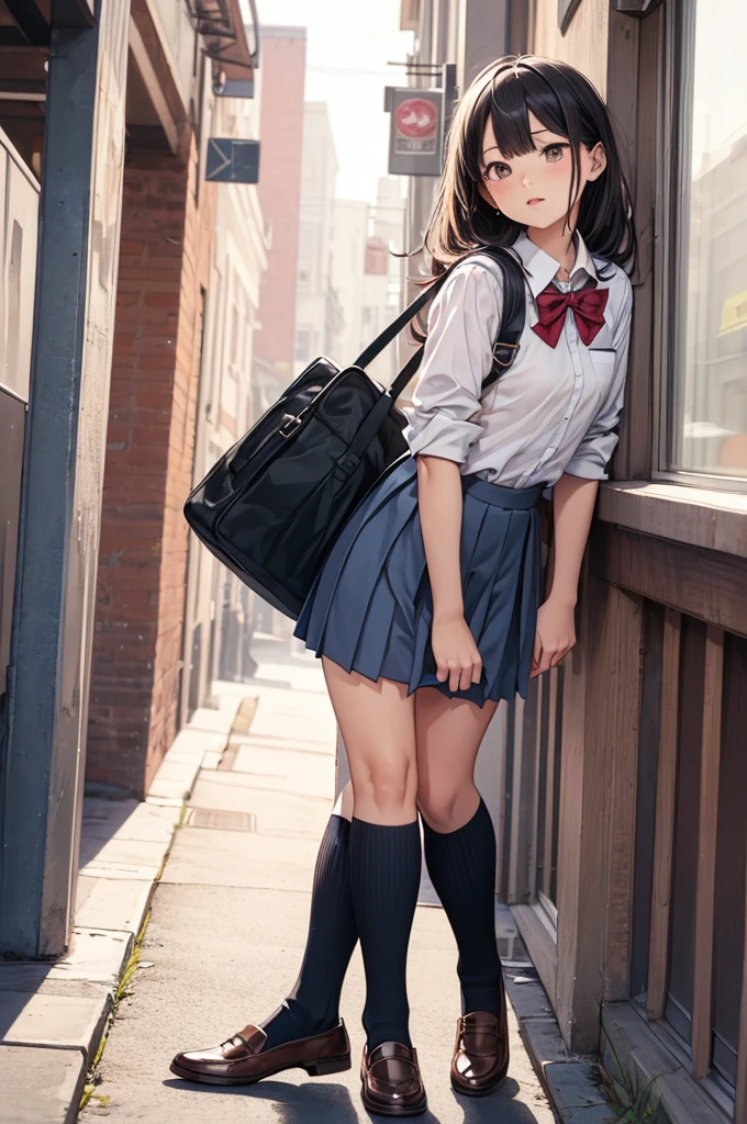 (((masterpiece, Highest quality, High resolution, 超High resolution, Perfect Pixel, Depth of written boundary, 4K, RTTX 10.0))), Beautiful Anime Woman, Beautiful art style, Anime characters, ((Smooth texture, Realistic texture, Anime CG Style)), Exact finger count、Exact number of legs、(Exact number of arms:1.0, Exact number of hands:1.0), (Perfect hands, Perfect Anatomy), Cinematic, Realistic, Extremely detailed CG, Daytime lighting, Perfect lighting, Best Shadow, The best natural light, whole body, Perfect body, Slender body, ((bangs, Dark reddish brown hair, Twin tails), Long Hair), (Detailed face, Cute Face), (An woman is walking while lifting her skirt with her hands.:1.7), (Fashionable white shirt, Sailor suit, Navy blue sailor collar, Navy blue knee socks, loafers, Navy pleated mini skirt:1.3)、Angle from the front, ((Sexy stylish white and blue striped lie:1.3), (Glossy satin panties, Lace panties:1.3), (White and blue striped pantie)), (Beautiful big boobs), (The chest area of the shirt is tight:1.2), (Beautiful and thin thighs), Feeling embarrassed, (blush:1.2), (Very embarrassed look:1.5), (School corridor, Corridor with windows, Many male students in the background:1.4)