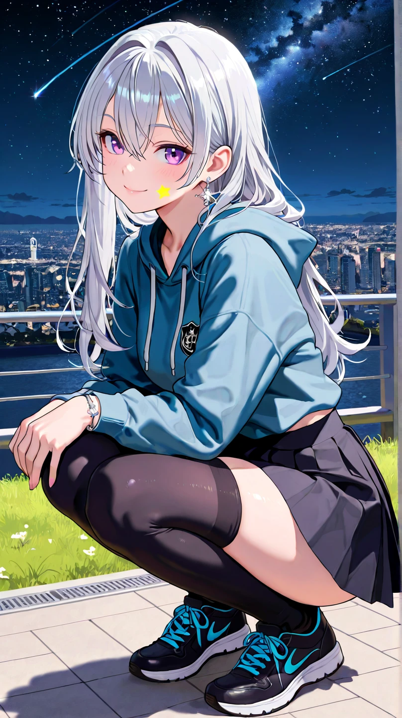 1girl, anime, girl with cap glasses, sitting propped up in one size, dynamic angle to the left, short white hair, wearing black sweatshirt, blue backpack, ALL star sneakers, wearing jean shorts, background city, looking extremely beautiful city, strong contrast, soft luminosity((ultra detailed)), (anime style). --auto --s2