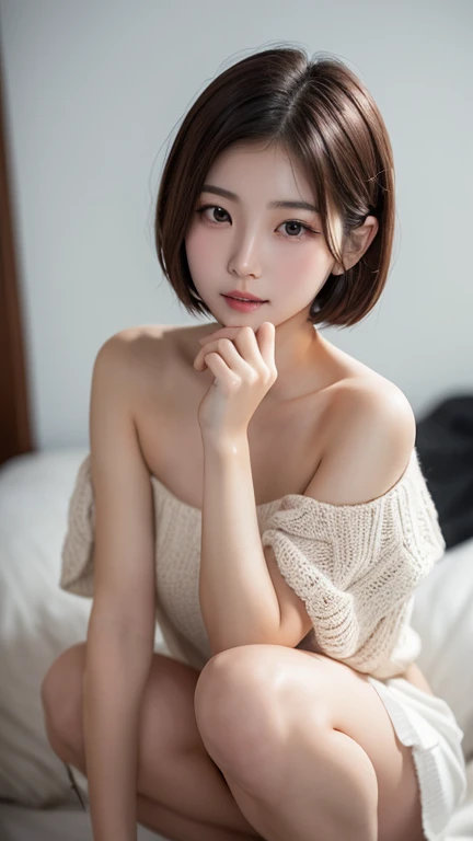 Off the shoulder, Cover yourself with sheets、close, masterpiece, Highest quality, RAW Photos, Realistic, face, Unbelievably absurd, Beautiful girls, cute, short hair, Written boundary depth, High resolution, Very detailedな, In detail, Very detailed, Very detailed目とface, Sharp pupils, Realistic student, Sharp focus、Inside the room、night、On the bed