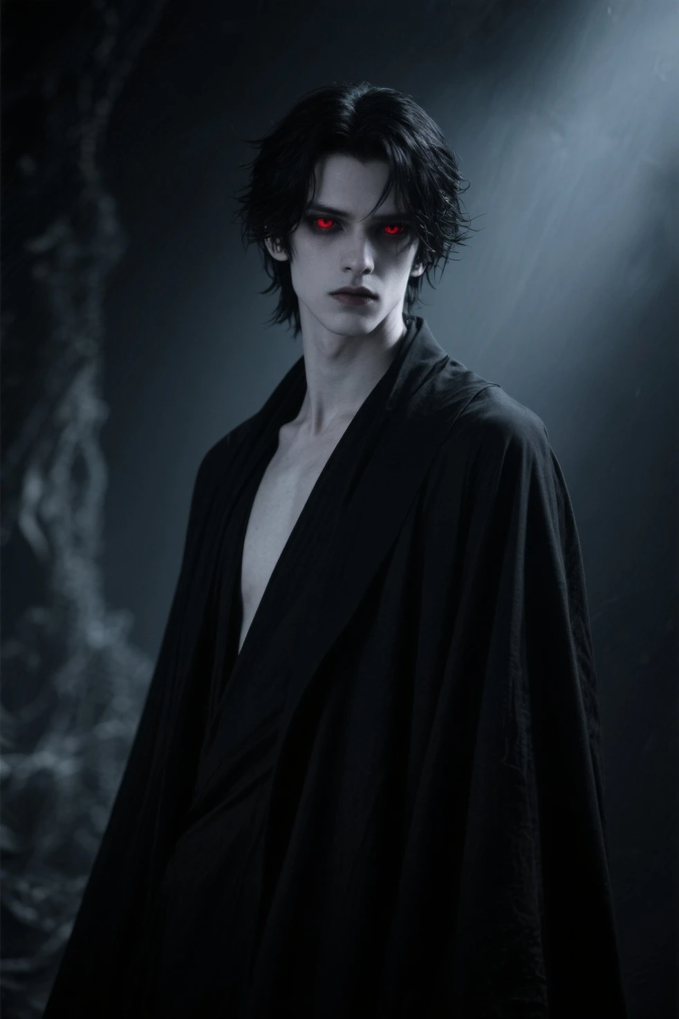 Male, 6”0, slim athletic build, neck length black hair, wide pink eyes