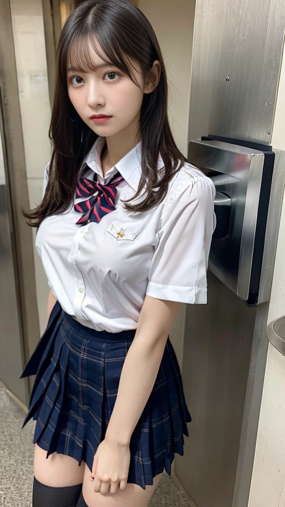 White shirt、Remove all buttons、Almost naked、cleavage of the breast、Japan school uniform、hi-school girl、full body Esbian、1girl in、Wheat-toned skin、Have a tan、Wearing makeup、a miniskirt、