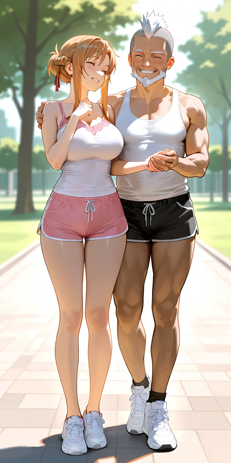 a 17'11 tall 2 girl with blonde wavy long hair, e cup breasts, moderately thicc thighs, & very muscular with a 6 pack. wearing a navy blue crop top vest, seaweed green sports bra, navy blue gym shorts, & black sneakers. holding a flustered 5'9 tall 2 boy with pale skin, Hazel eyes, short curly brown hair. wearing emo clothes close to her