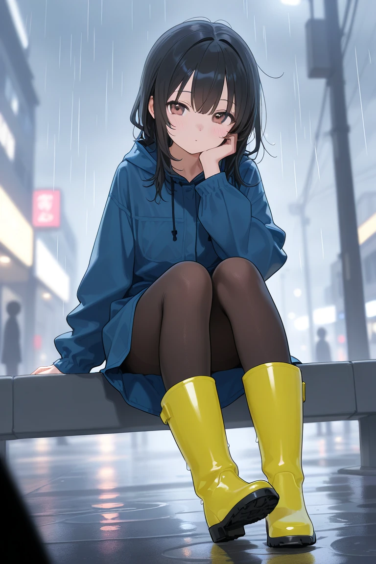 ((masterpiece,Highest quality;1.3,best illustration)),cowboy shot,1woman、25 year old beauty、独奏,((very small head:1.5)),dark brown hair,long hair,bangs,brown eyes,gorgeous eyes,blush,small breasts,((very long body:1.3)),((toned body,slender body,skinny)),gleaming skin,shiny skin,oily skin,(Soaked in the rain、Black zip-up hoodie outer jacket、White tight T-shirt、denim micro shorts)、barefoot、Black rucksack、sitting,heavy rain、rain、on street,Tokyo,nsfw,