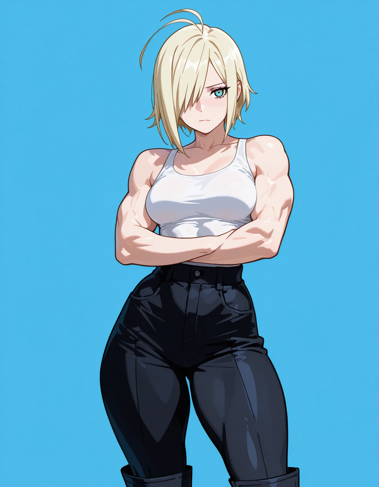 score_9, score_8_up, source_anime, spread legs, standing, hellsing, seras, blonde hair, nude, pussy, vagina, indoors, night, night sky, nighttime, vampire, smirk, fangs, ikuchan, balcony, town background, clothed, wearing shorts, crop top, abs, muscular female, muscular male, large breasts, boyfriend, couple, sfw, looking at viewer, faceless male, dark skinned male, cuckold pov, ntr, netorare