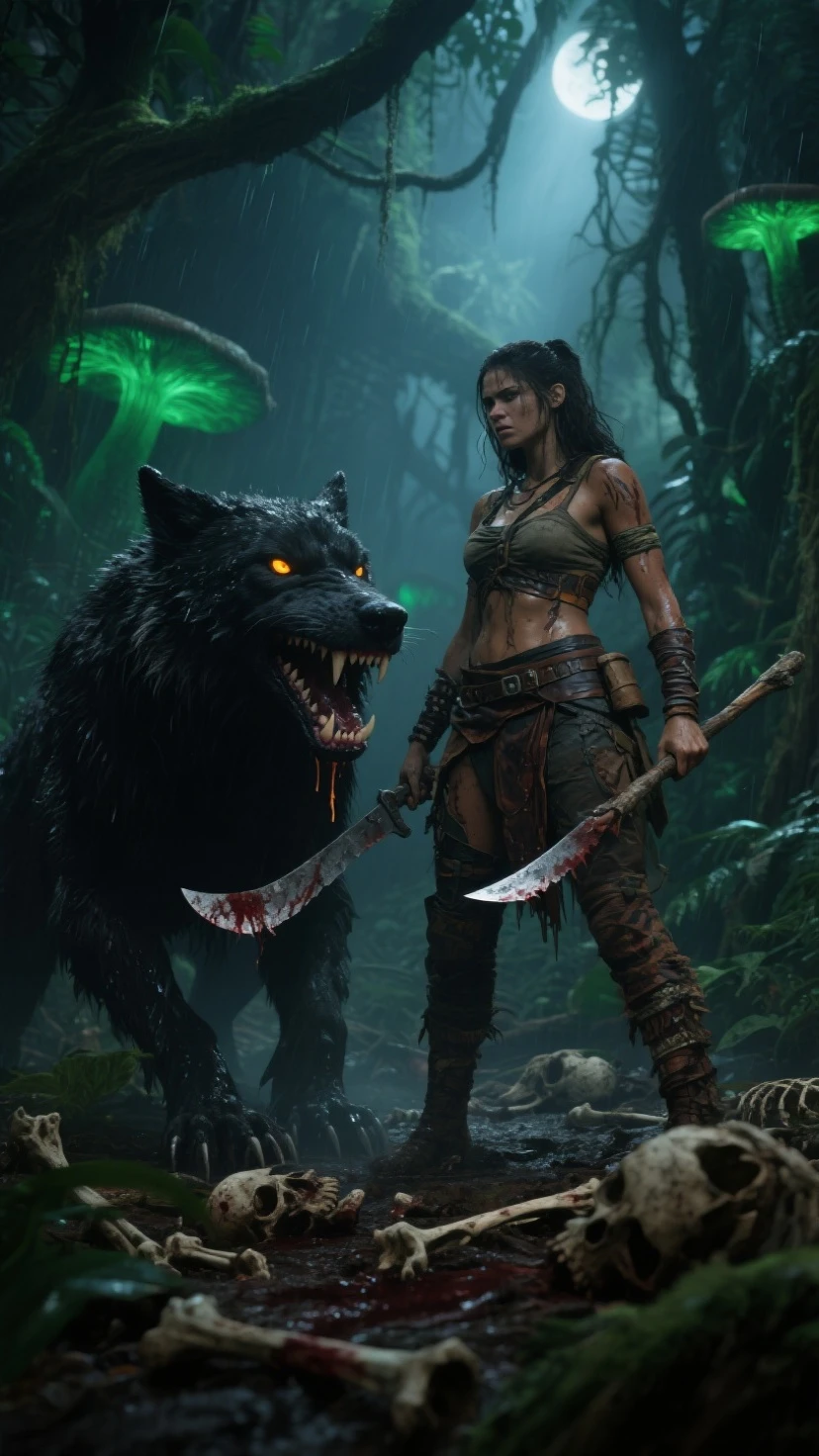 A naked tanned red-haired woman warrior with dark brown, her skin is dripping with sweat and is dirty, filthy, and with large bloodstains, She has a deep bite wound on her left shoulder, dressed only in an animal skin loincloth, and an energy sword attacked by a tyrannosaurus. very dramatic, cinematic shot, shot from a movie, cinema composition shot, very detailed, high resolution, professional color, wonderful light, daylight, 300k resolution, highly realistic, lots of details.