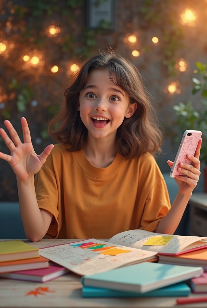 Show Sofia, a 12-year-old girl, smiling as she holds her phone. Social networks are represented by colorful bubbles floating around you. Use visual effects to give bubbles a magical look