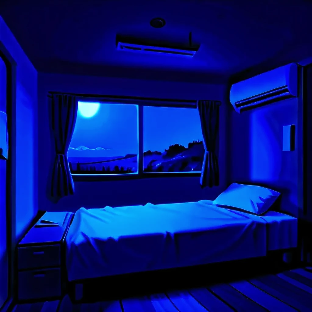 anime, (wide shot:1.2), (landscape of bedroom:1.6), (large bedroom:1.0), (single bed:1.7), (closet the left side of the bed:1.3), (window:1.3), (tranquil view:1.2), (air conditioner installed on top:1.3), (desk:1.3), (ceiling light:1.0), (moonlight:1.0), BREAK masterpiece, (ultra detailed:1.5), (beautiful eyes:1.5), detailed face, best quality, (hires:1.5),