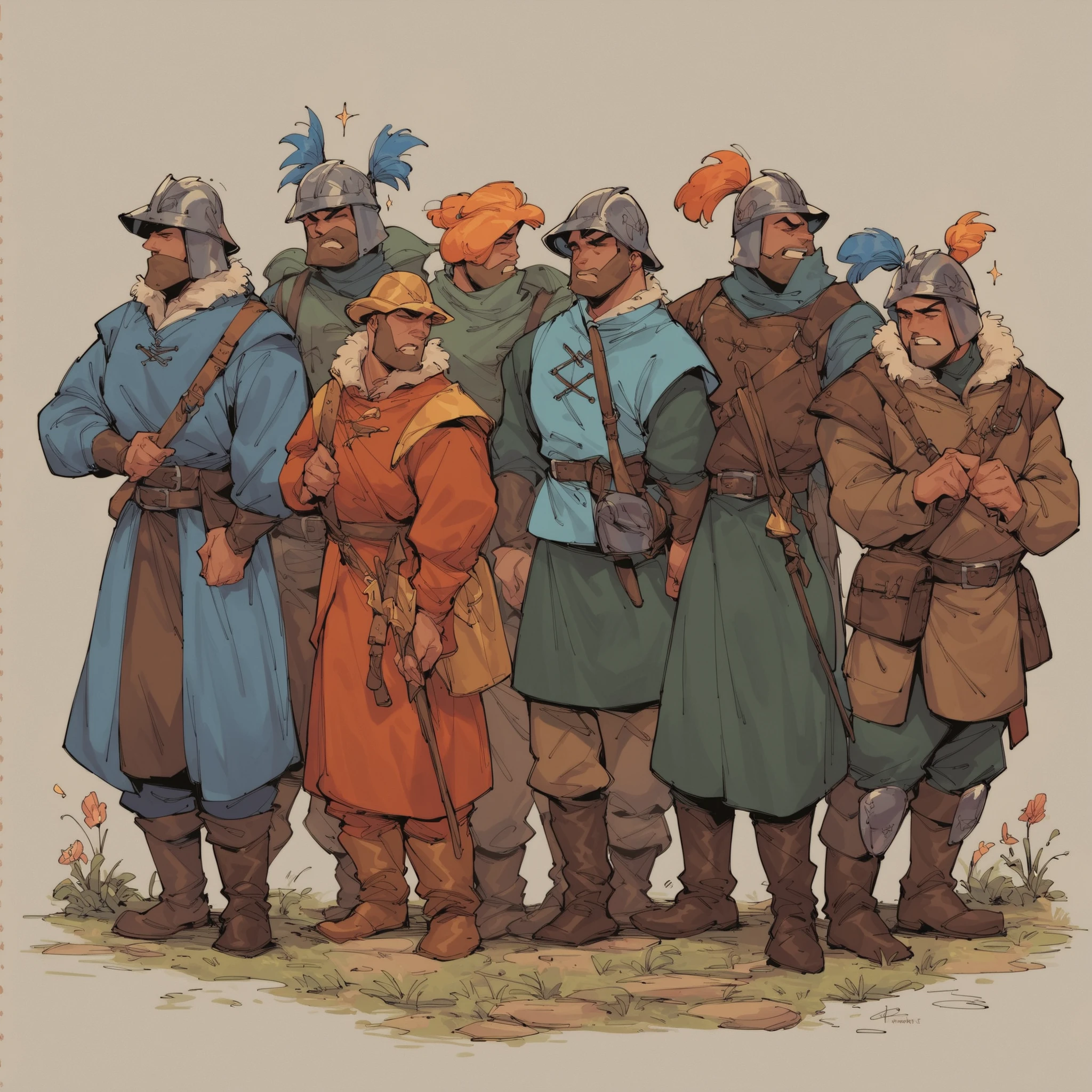 source_anime, score_9, score_8_up, score_7_up, score_6_up,art style, 8man, masculine, a group of adventures party, medieval western fantasy, adventure gear, wearing variant armor, helmet