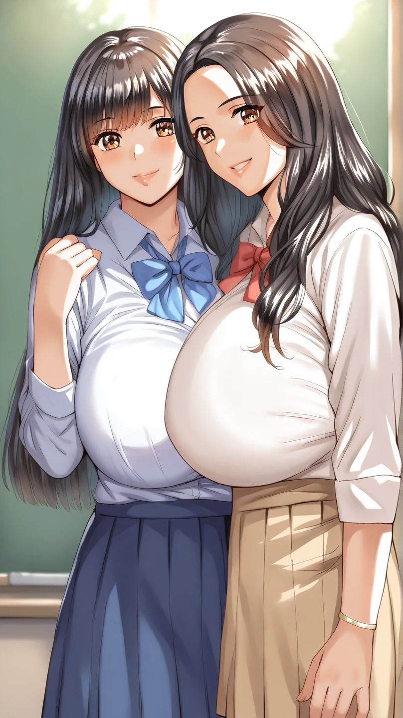 2heads, tall chubby woman with 2 heads. Massive breasts. Mature milf. Freckles. In a messy living room. Titfuck, paizuri. Naked. Deep cleavage. Messy long black hair. Blushing. Happy, smiling. Thick eyeliner. Seductive. Huge thighs. Girlfriend. Smirking. Freckles, many freckles, freckles on breasts. Casual. Titfuck, POV paizuri.