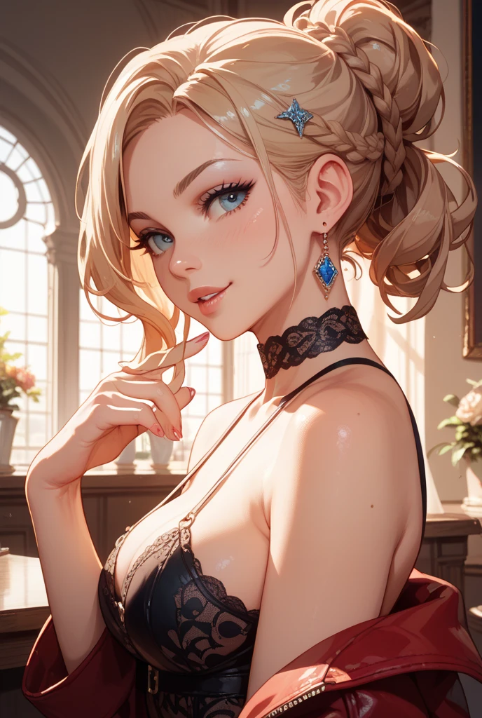 (Photorealsitic:1.4), (​masterpiece, side lights, Exquisite beautiful eyes: 1.2), ​masterpiece*portlate, realisitic, 3D 顔, Luminous eyes, shiny hair, Glossy skin,、 独奏, embarrassed from, (hason),8k,4k,Live Action,Professional photographer,., cleavage, smirk, seductive smile, inviting smile