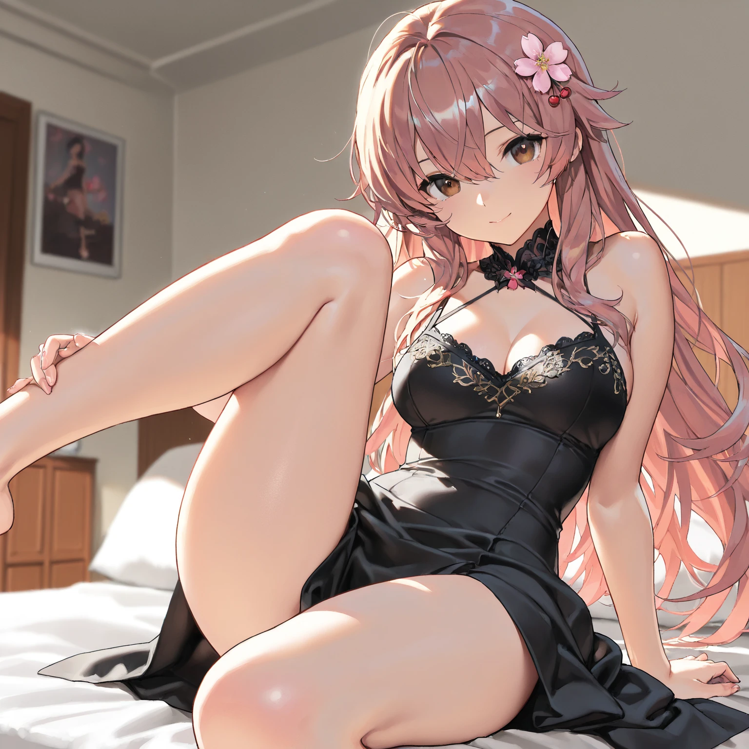 (Masterpiece, BestQuality:1.3), (ultra detailed:1.2), (hyperrealistic:1.3), (RAW photo:1.2), High detail RAW color photo, professional photograph, (Photorealistic:1.4), (realistic:1.4), (Pink Hair:1.5), professional lighting, perfect anatomy, (Big Breasts:1.2), (blush, detailed face), (A happy smile:1.7), Trending Hair&Trending Hairカラーをランダムに, earrings, necklace, bracelet, sexly, erotic sexly, Random sexy gravure poses, (Beautiful woman wearing black high heels、in a modern living room、Cold Smile、Straight hair flowing down her back、Lying on the sofa、boldly open legs。:1.3)