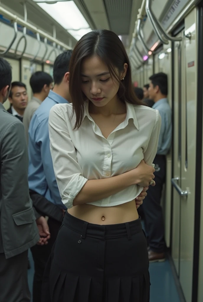 (32K:1.9, Highest quality, masterpiece, Ultra-high resolution, Professional low-angle camerawork:1.5, Very detailedな肌と顔の質感:1.4), Always accurate, Very detailed, ((A short Japanese woman of 25 years old, Big breasts on the verge of collapse:1.2, Multiple men touched her body.:1.9, crowded train:1.6, A tight skirt and a white shirt:1.5, Incredibly slim body:1.3, areola is not visible)), Fair skin, elegant, sense of cleanliness, Thin eyebrows, (Big eyes that exude beautiful eroticism:0.4, Embarrassed smile:1.0, I despise you from the bottom of my heart:0.8, Open your mouth a little, lipstick, Feel the beautiful eroticism:0.9), (Wet dark brown medium length hair), Bag, belt, Earrings, necklace, bracelet, romantic, mysterious, Object of admiration, original, dramatic, artistic, Innovative, charm, Heartful, Fancy, sense of openness, special, ((exciting, Extreme, Tilt, sense of loss, suffering, sufferingの表現)), ((若さのcharm, 女性的なcharm))