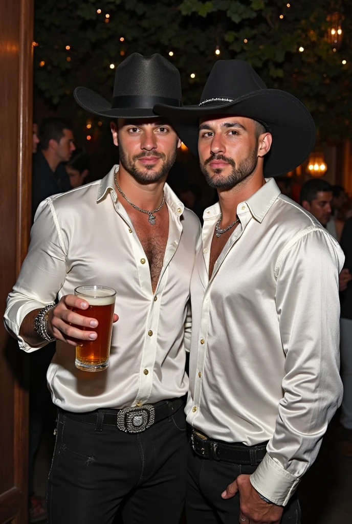 Young cute handsome skinny white face beautiful soft skin shirtless at a cowboy party with two handsome friend beside him sitting at a bar in black shirt and hat