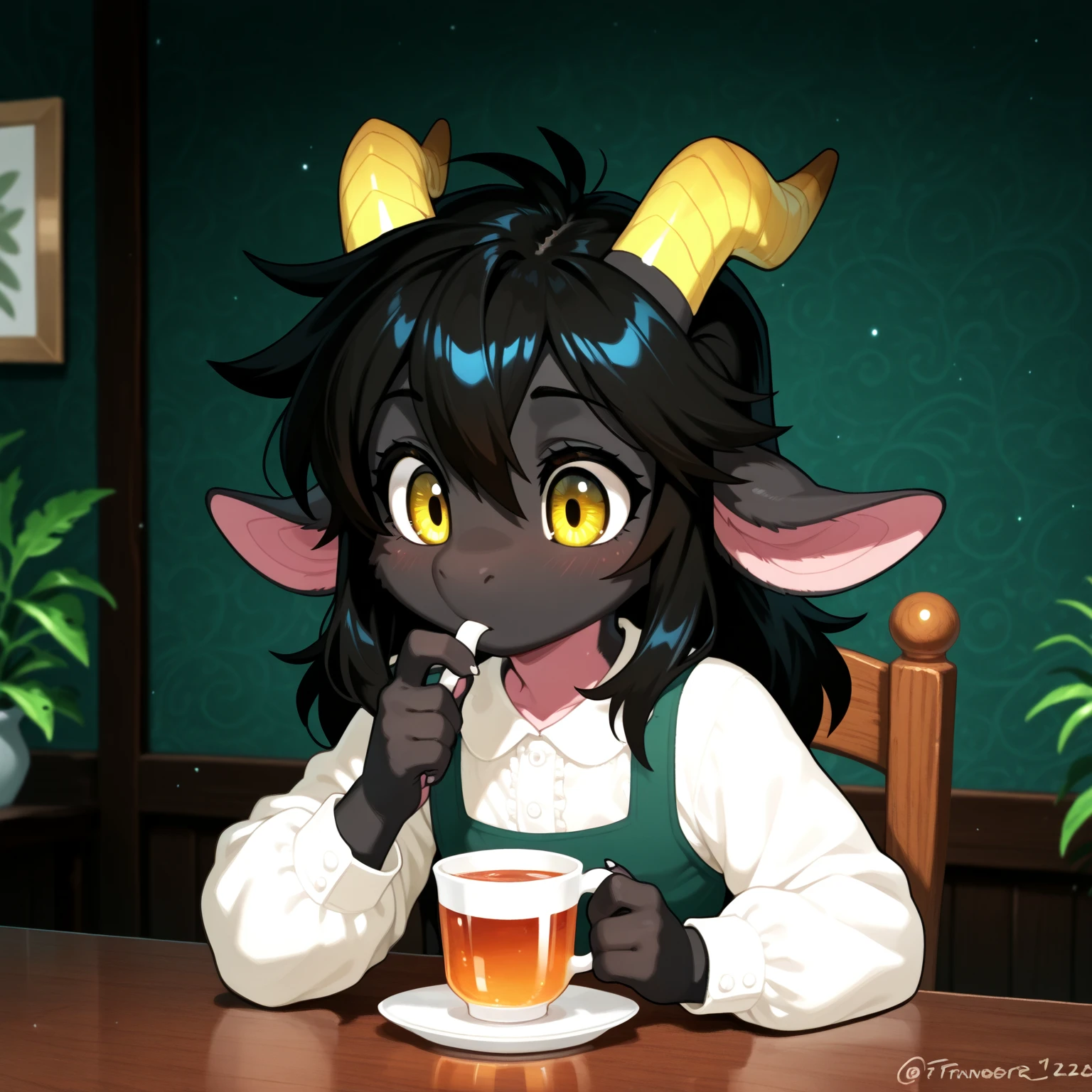 Feminine male, Flat male , furry, anthro, furry femboy, black dragon, yellow eye color, one pair of black horns, black hair color, covered with cute dresses clothes, solo, Drinking tea outside at a table