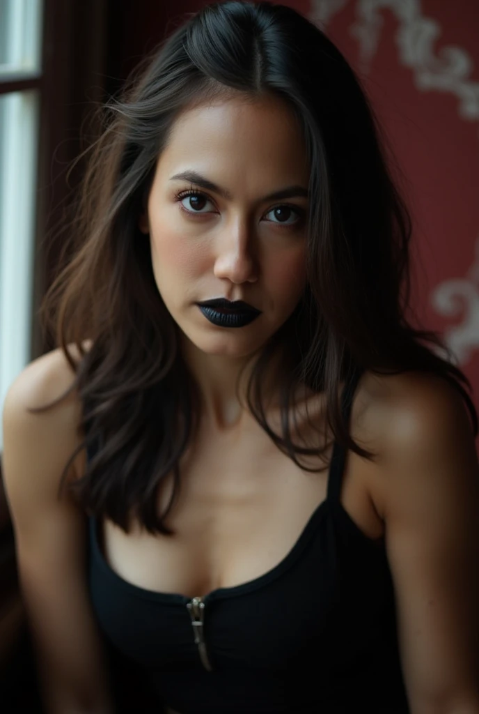 (best quality, hyperdetailed photography:1.2), beautiful white lady, ((dark black lipstick)), freckles, gothic makeup, soft light, curvy figure, head and breast portrait, cover, (detailed beautiful face, detail skin texture, ultra-detailed body:1.1) sexy vampire women, full body photography, with black elegant and sexy dress