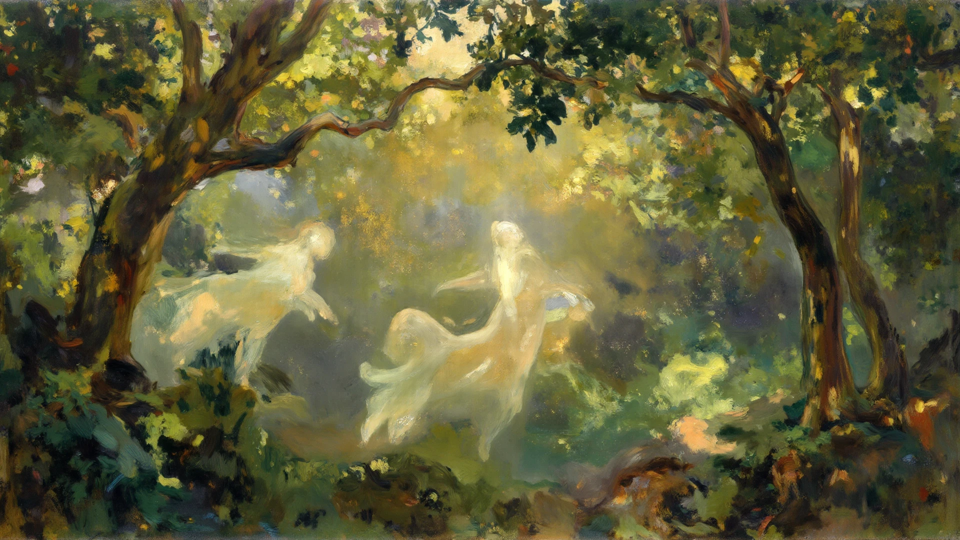 a painting of a group of naked women in a pond with swans, by Julius Klinger, symbolist painting, by Randolph Schwabe, jean henri gaston giraud, inspired by Paul Émile Chabas, style of carlos schwabe, by Eugène Burnand, by Carlos Schwabe, by Paul Émile Chabas