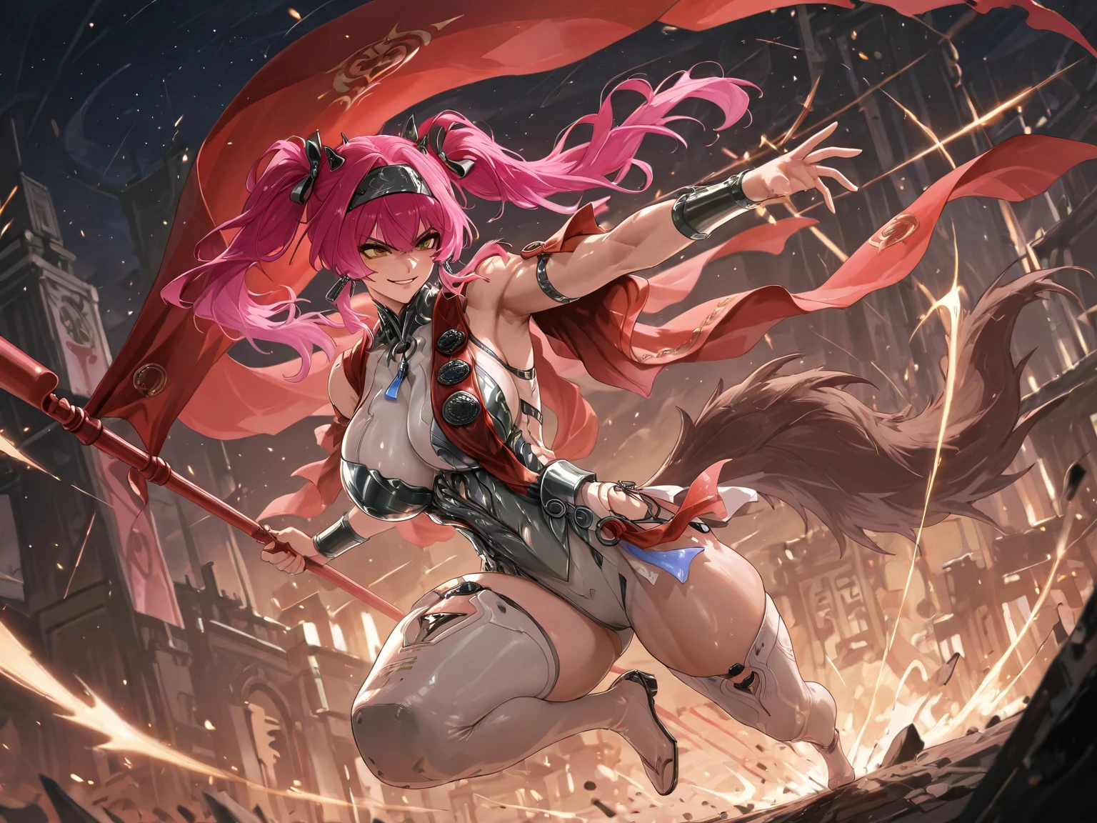 score_9, score_8_up, score_7_up, gatling gun, holding gatling gun, [:smoke, firing:0.25],  <lora:GatlingGun_pdxl_Incrs_v1:1>, yae miko,