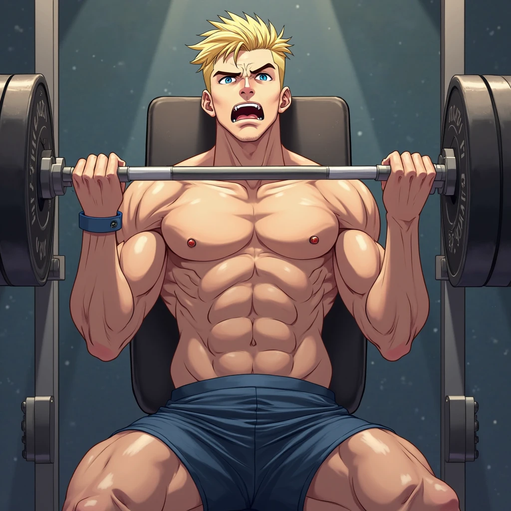 (masterpiece, best quality), Intricate detailing, 8K, artstation, Anime art, Young Teenager, Teen Bodybuilder, 14 years old, blonde hair, posing bis muscles in underwear, barefoot, Buff muscle Body, flexing his muscles, muscular chest, weightlifting