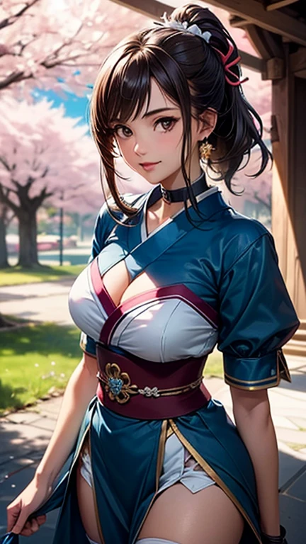 NicoRobinV3, Nico Robin from One Piece anime, long hair, black hair, bangs, hair in a bun, beautiful, beautiful woman, perfect body, perfect breasts, wearing a kimono, purple kimono, wearing earrings, wearing a watch, in the garden, cherry blossom tree, traditional Japanese house , looking at the viewer, a slight smile, realism, masterpiece, textured skin, super detailed, high detail, high quality, best quality, 1080p, 16k