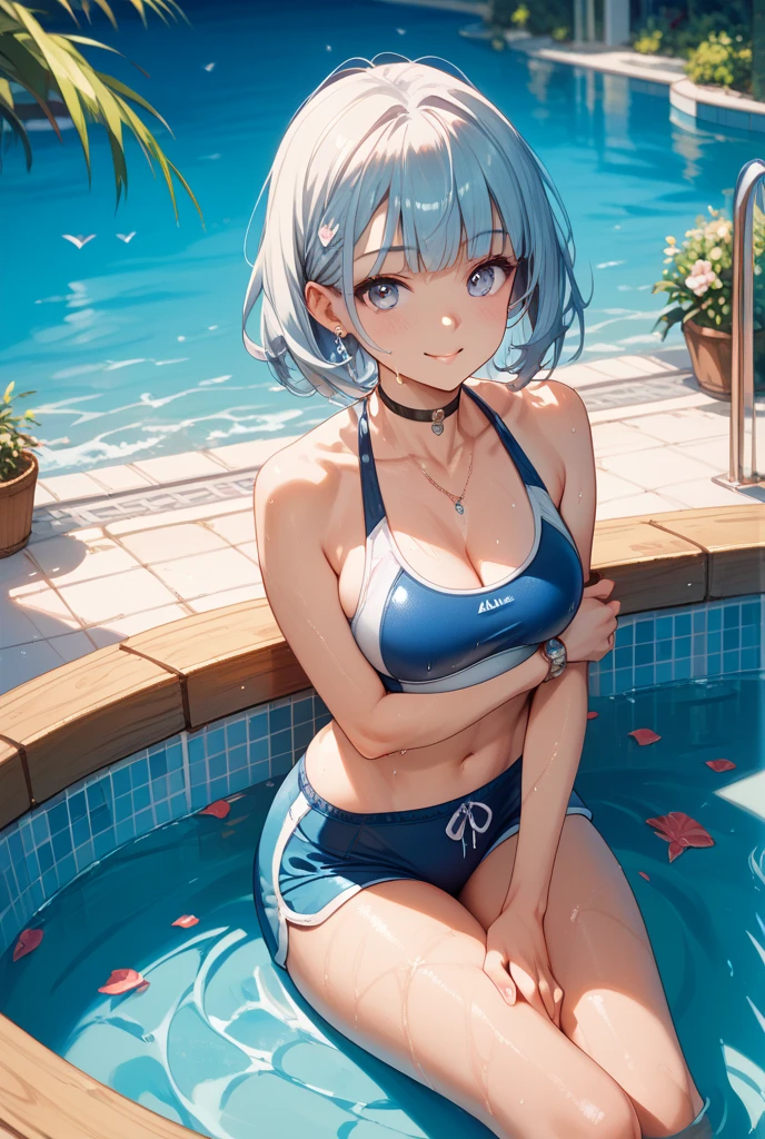 (((Masterpiece)))), ((Best Quality))), Hi-Res, On Thighs, Squatting, (Cute One Girl))), Solo, White Skin, Small, Eight-headed, (Light Blue Hair), ((Short Hair)), (Straight Bangs)), Beautiful Hair, Blue Eyes, Beautiful Eyes in Detail, (((Tongue)), Red Face, Smile, Heart, Bikini, Swimwear, Ruffles, Earrings, Outdoor, Pool, Shadow Lighting,