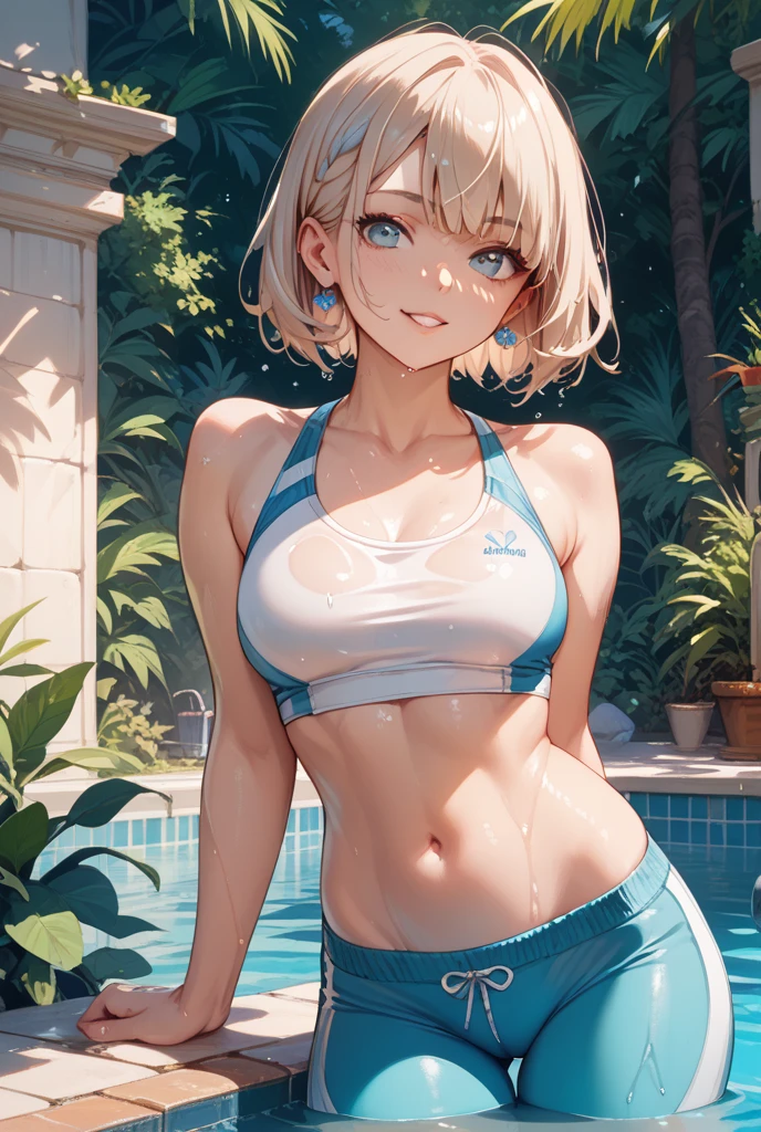 (masterpiece, high quality), 1girl, Caucasian, tomboy, slender, short spiky blonde hair, blue eyes, 13-years-old, (tropical beach background), (black panties), white crop top, strong arms, muscular thighs, ripped muscles, six pack abs, muscle arms, muscular, flat chest, hyper detailed, Intricate design, Luminous, 4K, 8K, Cinematic lighting, Contour lighting, bright, soft light