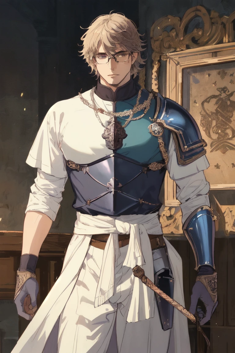 blonde man with blue eyes,muscular and well dressed in medieval clothes,apparently rich