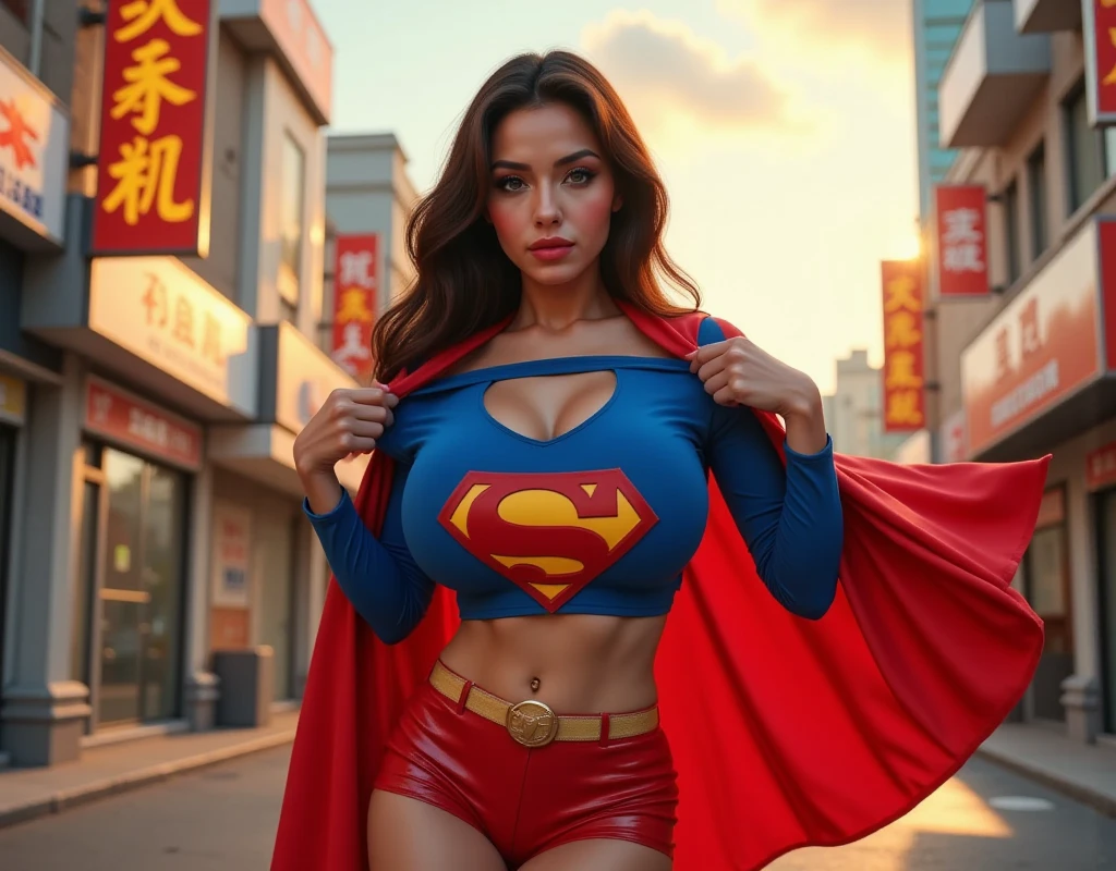1girl africana, girl africana, peito grande, Seios enormes, seios grandes, Curvilinear waist, coxas grossas, coxas musculosas, body curvy, corpo suculento, seios gigantescos, massive breasts, coxas musculares, medium hair, Hair escuros, pale-skinned female, Cabelo amarrado, POV Vision, olhos azuis, Mature female, seios pesados, seios cheios, bunda grande, coxas cheias, bunda cheia, roupa supergirl, corpo voluptuoso, voluptuous female, Abs, foco corporal, peito enorme, peito grande, bumbum grande, coxas grandes, bra edge visible, provocando a telespectadora com seus seios, face madura, MILF, Curvilinear waist, coxas suculentas, coxas musculosas, juicy baby, superheroine lady, uniforme de superheroina, uniforme supergirl super sexy, grande decote, Caminhando em uma avenida movimentada, sardas no rosto, best quality, Realistic photo, photo de corpo inteiro, poses sensuais sexy,