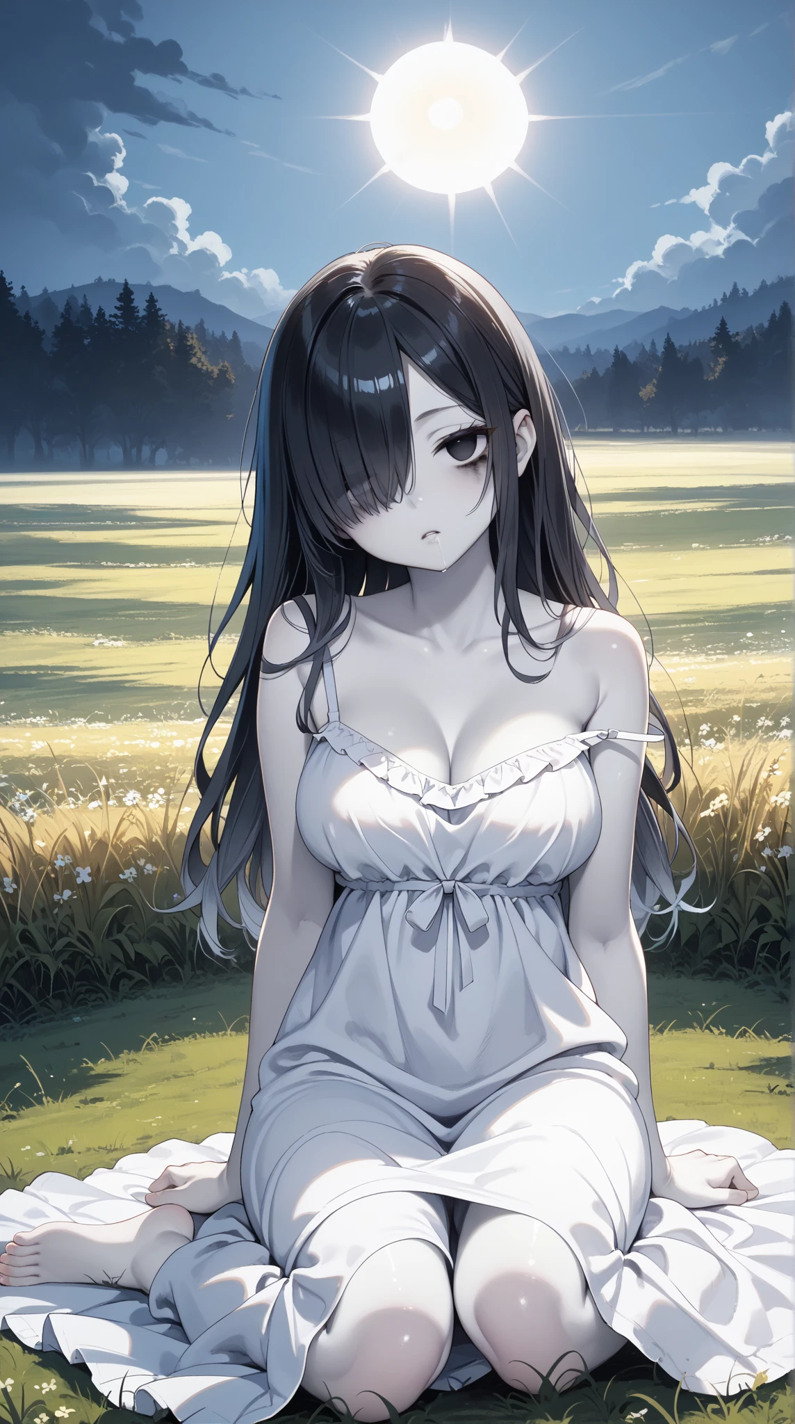 Cleavage,Detailed CG,Ultra-fine illustrations,masterpiece,Highest quality,BREAK(white)and(off shoulder blouse)BREAK,Realistic,real person,(pale skin: 1.2),RAW photo,photorealistic(Pale skin:1.2),shiny skin,shiny hair,(A 28-year-old woman with medium-length hair and bangs)and(wavy hair)and(brown hair)and(Orange Eyes:1.3),(blush:1.3),(upturned eyes),The background is a park with a large lawn,Alone