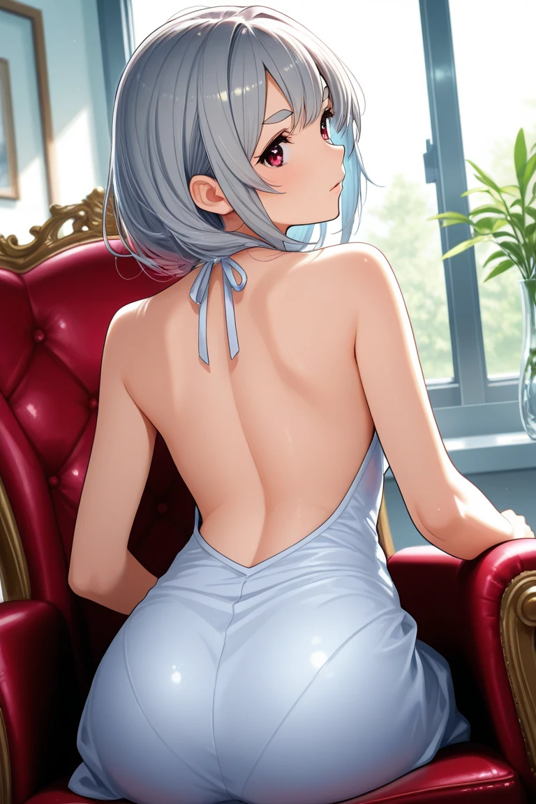 1girl,solo,<lora:AK12EveningGown:1> ,evening gown,halterneck, large breasts, night,
from behind, closed eyes, grey hair, hair up, ponytail, medium hair,
back,indoors, bedroom, light smile, ass,