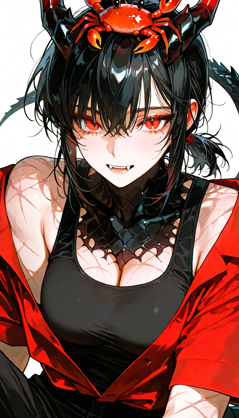 solo, female, huge woman, heavy black mascara, long silky black hair, red eyes, black wolf ears, huge breasts, collar, leash, elegant, kimono, leash, furry claws, close up, forest, bound, tied up, dark, yandere smile, cleavage:0.3,