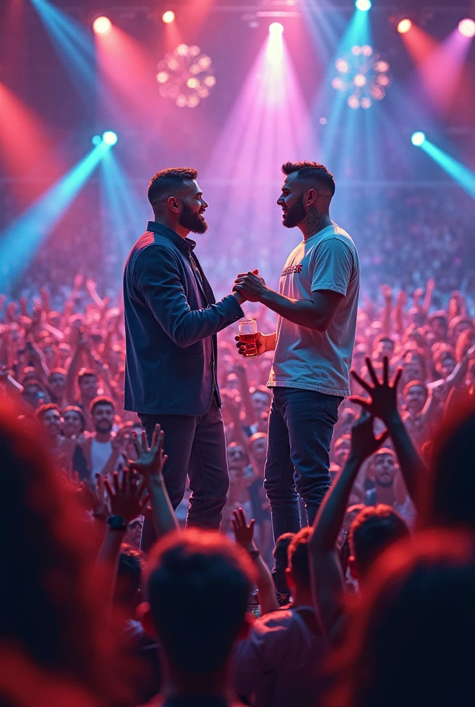 Two male DJ friends hugging each other not so close together at a concert seen from the front with a microphone in hand 