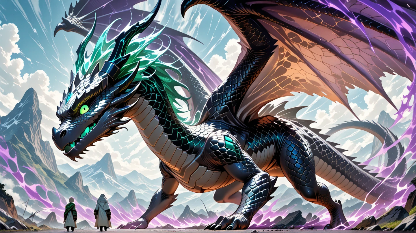 full body portrait of a realistic female obsidian black dragon, black opal wings, black opal stomach scales, white opal eyes, huge, long body, wings, many horns, horns, antlers, twisting horns, curled horns, wolf shaped head, white eyes, mysterious mountain scenery, full body, cinematic, render, 8k, unreal engine, realistic, masterpiece, high detail, full body, low life, extremely intricate, extreme detail, volumetric lighting