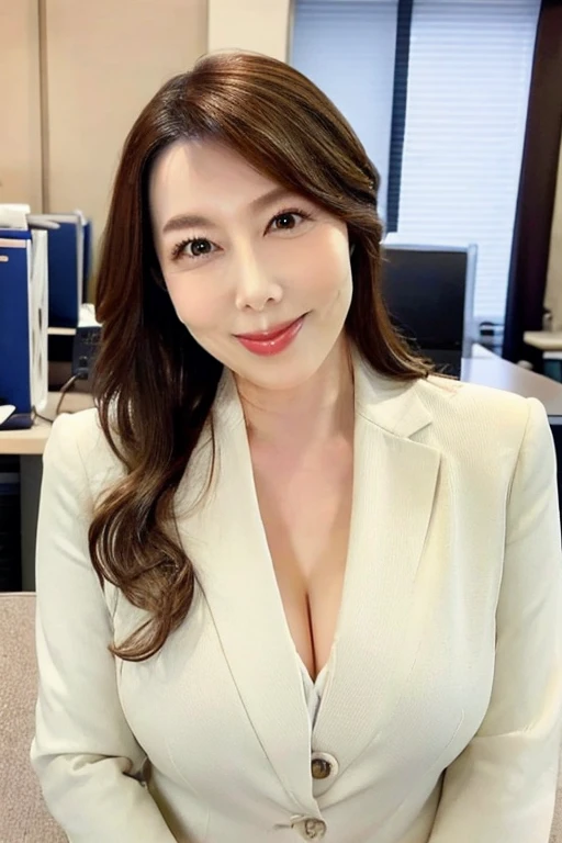 One Japanese woman, Detailed face, light makeup, Captivating look, From the chest up, Highest quality, Very detailed, Perfect Anatomy, Wearing a suit, Short sleeve, Long Curly Hair, 45 years old, mature, Sexy smile, Well-shaped D cup breasts, Cleavage, office, (Looking into the camera), (From above)