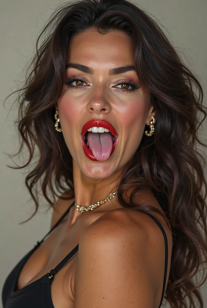 very beautiful girl, stands on all fours, the head is pulled up, mouth wide open, stick out a beautiful tongue, looks at me, big eyes, slutty makeup, The lips are red, model body, chest sticking out, The nipples are swollen, torn clothes, Without underwear, Without a tattoo, there are decorations, cream pours on the tongue, there is a plate with large strawberries nearby. super photo quality, 8 K, full height of a girl, The legs are wide apart, the back is arched, Very beautiful face, masterpiece, the background is sunny and not blurred.