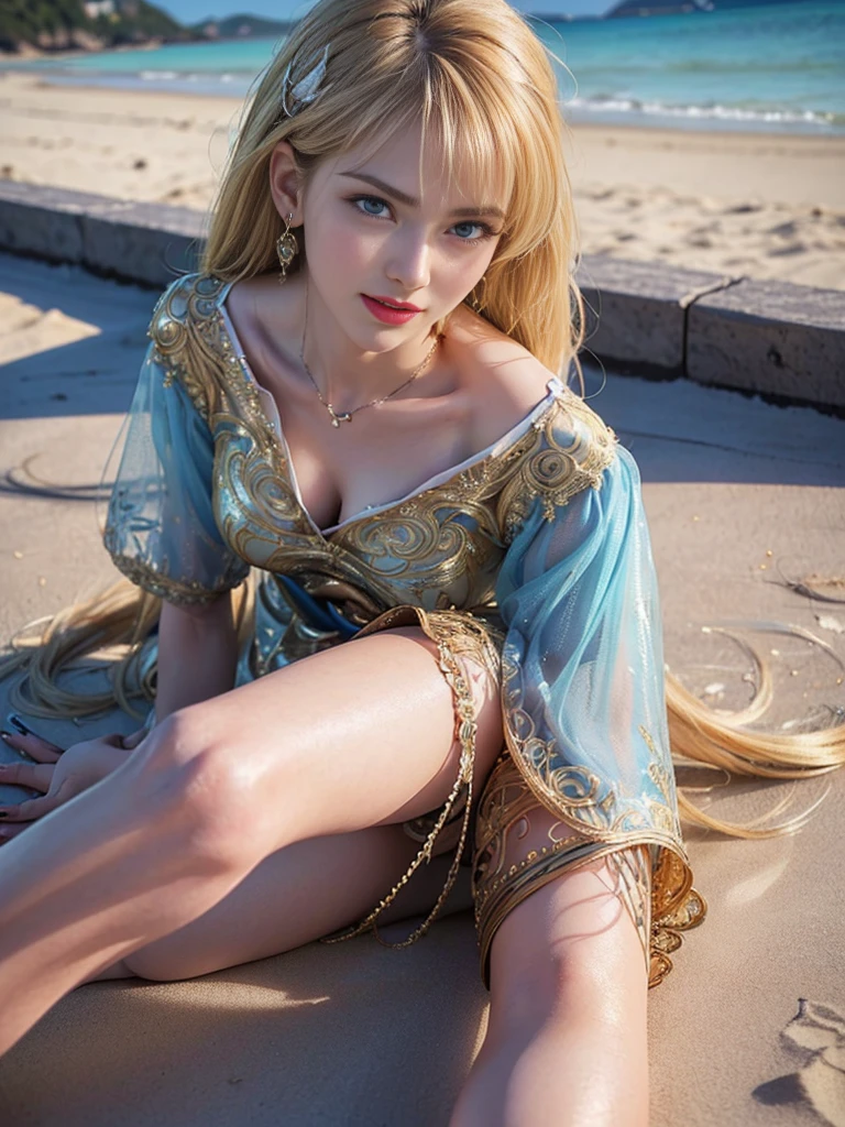 (((masterpiece, best quality))), (((high quality))), (((high resolution illustration))), (((hyper detail))),(((NSFW))), (((Wordsworth's Sharon))),(((Very beautiful long blonde hair))), (((Very beautiful face))), ((((Detailed face)))),(((very beautiful blue eyes))),(((Realistic Skin))),(((her face is flushed))),(((slim body))),(((slim thighs))),(((small breasts))),(((very beautiful slender legs))),(((platinum armor with extremely detailed and intricate decoration that shows her cleavage))),(((A skirt with extremely detailed and intricate decoration))),(((Boots with extremely detailed and intricate decoration))),(((A cloak with very detailed and intricate decoration))),(((beautiful earrings))),(((beautiful hair ornaments))),(((at the very beautiful beach))),(((wet her skin))),(((1girl))),(((many boy))),(((saliva))),(((very angry))),(((having sex))),(((virginal,sex))),(((lying)))