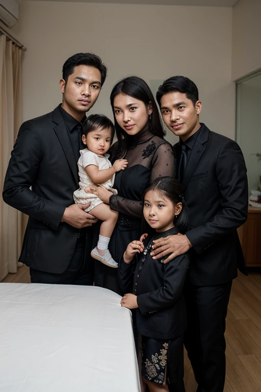 Indonesian family photo. The father is 30 years old, has a smooth face, the mother is 25 years old, has straight hair, they are holding a 1 year old baby girl on their lap. compactly wearing a white suit and elegant white kebaya, embracing each other, sitting on the sofa, aesthetic living room background, decorated with brown curtains and flowers, there are stairs, studio photo. Photography, ultra detailed, 8K