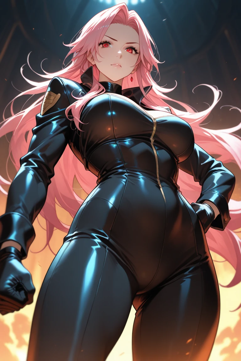 high quality, extremely detailed, perfect face, Nova, long pink hair, (black latex bodysuit), steel pauldrons, steel breastplate, long ears, evil smirk, evil laugh, medium breasts, (dark and stormy skies, lightning)(masterpiece:1.0),(Highest_quality:1.0), 超High resolution,4k,Super detailed, photo shoot, 8K, HDR, High resolution, disorganized:1.2, kodak portrait 400,raising a lightning,