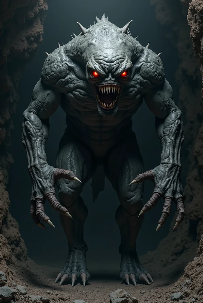 Generate a highly detailed and repulsively ugly character, resembling a grotesque monster with sharp, crooked teeth. The character should be in an open-mouthed pose, and its entire body, including hands and feet, should be visible. It should have an extremely emaciated and terrifying appearance. Please emphasize these features in the visual representation