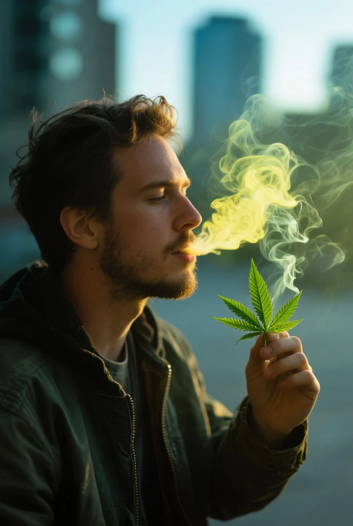 beard guy, smoking cannabis, countryside, named Kirill, smoking a lot of weed, very high, smoking big bud