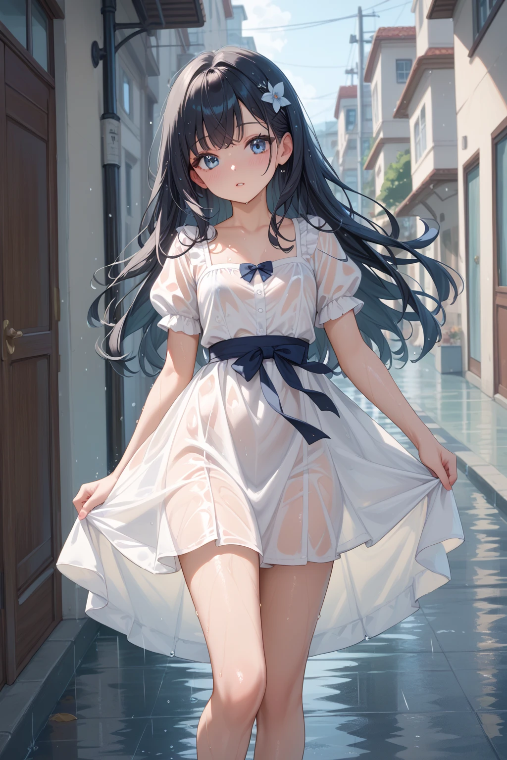 (masterpiece), Highest quality, One girl, 8-year-old, Cute girl, Flat Chest, Black Hair, Very long hair, View your viewers,
She wears a dress, White Dress, Sundress, Summer Dresses, See-through lace dress, micro short dress, micro mini dress, clothes without collar, She doesn't wear underwear, Not wearing a bra, Not wearing panties, Nipples sticking out of dress, (Erect nipples proclaiming their presence beneath the fabric), The material of her clothes is very thin、The body is clearly visible, Exposing shoulders, The clavicle is visible, Not wearing a jacket, She is wearing a sleeveless dress, Her dress is so small that her crotch is visible., The hem of the clothes is above the crotch、I can see your pussy, (Share:1.5), The length of the dress only reaches down to the waist, Not wearing a skirt, She has no pubic hair,
She stands with her legs spread, Open your knees, Very shy, Wearing a straw hat,
Behind the building, Leaning against a wall, There is a passerby behind her, blush, alley,