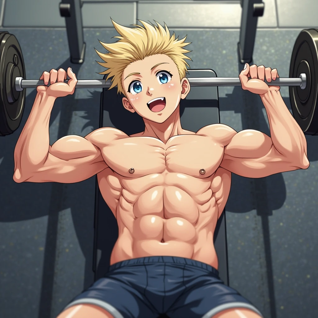 (masterpiece, best quality), Intricate detailing, 8K, artstation, Anime art, Young Teenager, Teen Bodybuilder, 14 years old, blonde hair, posing bis muscles in underwear, barefoot, Buff muscle Body, flexing his muscles, muscular chest, weightlifting, side muscles